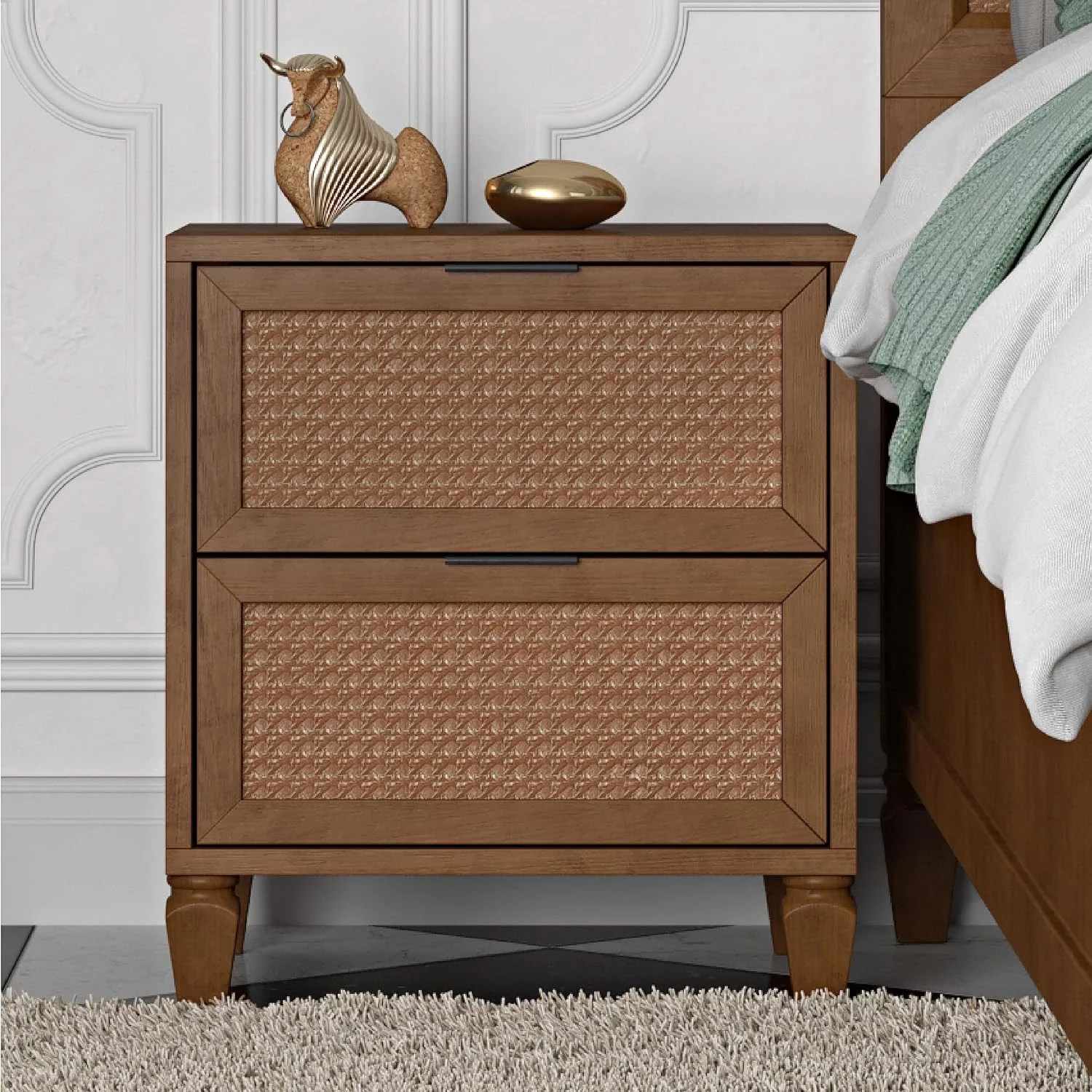 DG Casa Cove Rattan 2-Drawer Small Nightstand in Walnut with Mixed Materials & Detailed Leg Design
