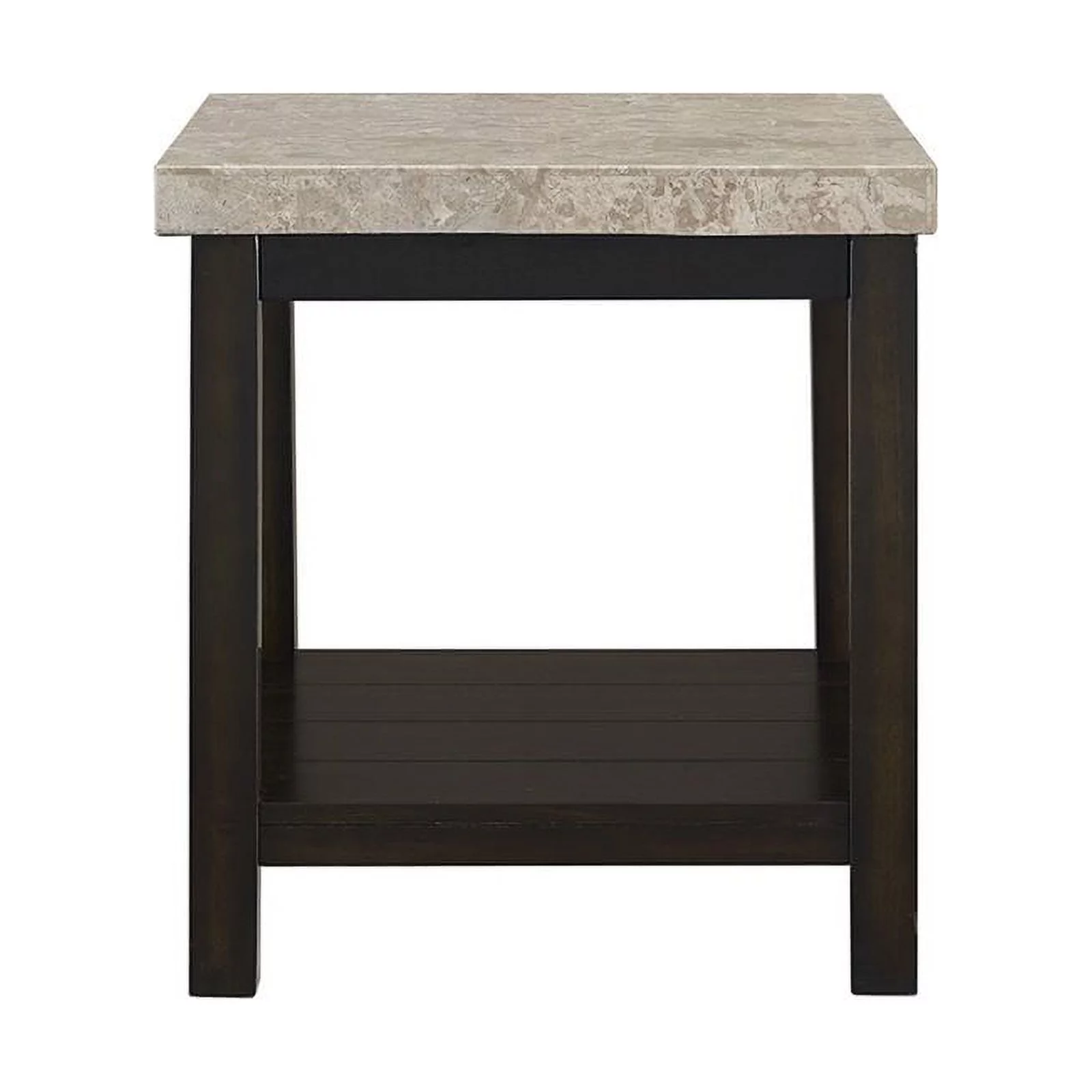 Maklaine Square Wood End Table with Marble Top and Bottom Shelf in Espresso