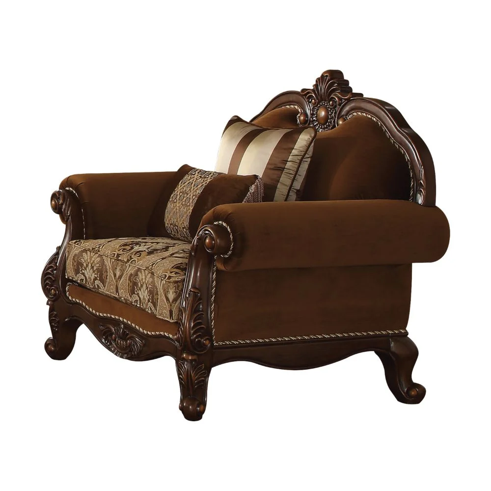 ACME 50657 Jardena Chair with 2 Pillows - Fabric & Cherry Oak - 44 x 48 x 37 in.