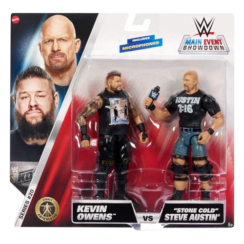 Mattel WWE Main Event Championship Showdown 2-Pack Action Figures & Accessory, Series #20 “Stone Cold” Steve Austin vs Kevin Owens Collectible Set