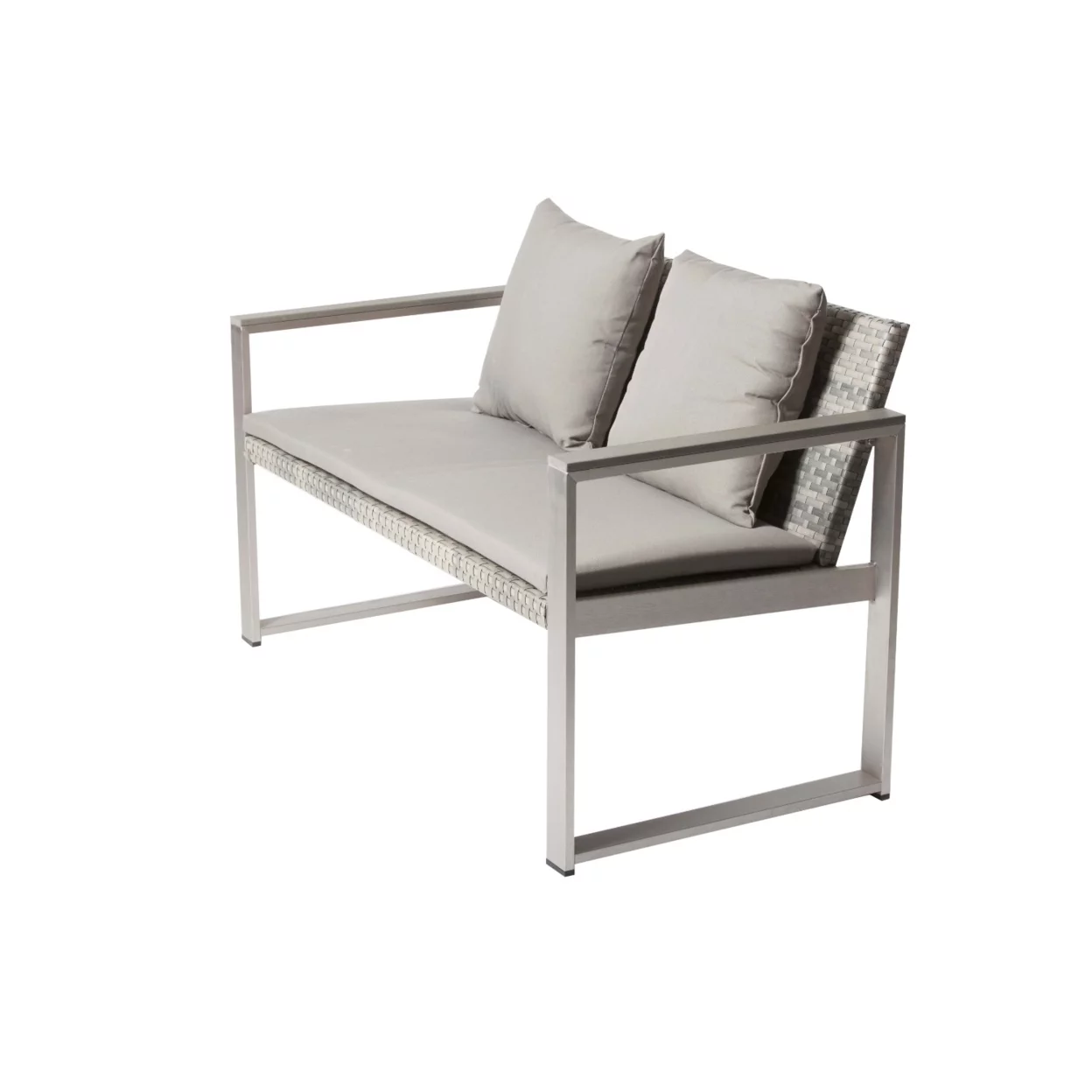 Anodized Aluminum Upholstered Cushioned Sofa with Rattan, Gray Taupe- Saltoro Sherpi