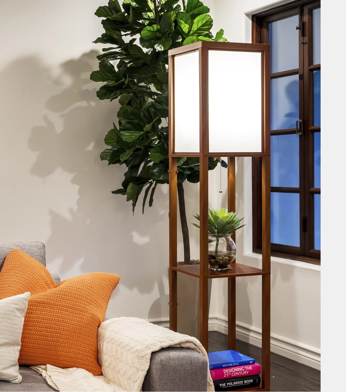 Brightech Maxwell Standing Tower Floor Lamp w/ Shelves & LED Bulb, Havana Brown