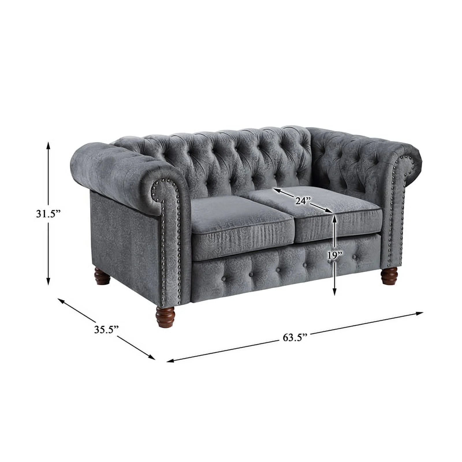 Pemberly Row Velvet Chesterfield Loveseat in Dark Gray