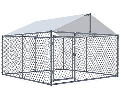 LEISU Dog Kennels Outdoor Large Dog Cage Heavy Duty Dogs House Extra Wide Outside Pet Kennels with Water-Resistant Cover for Back Yard Farm (Sliver)