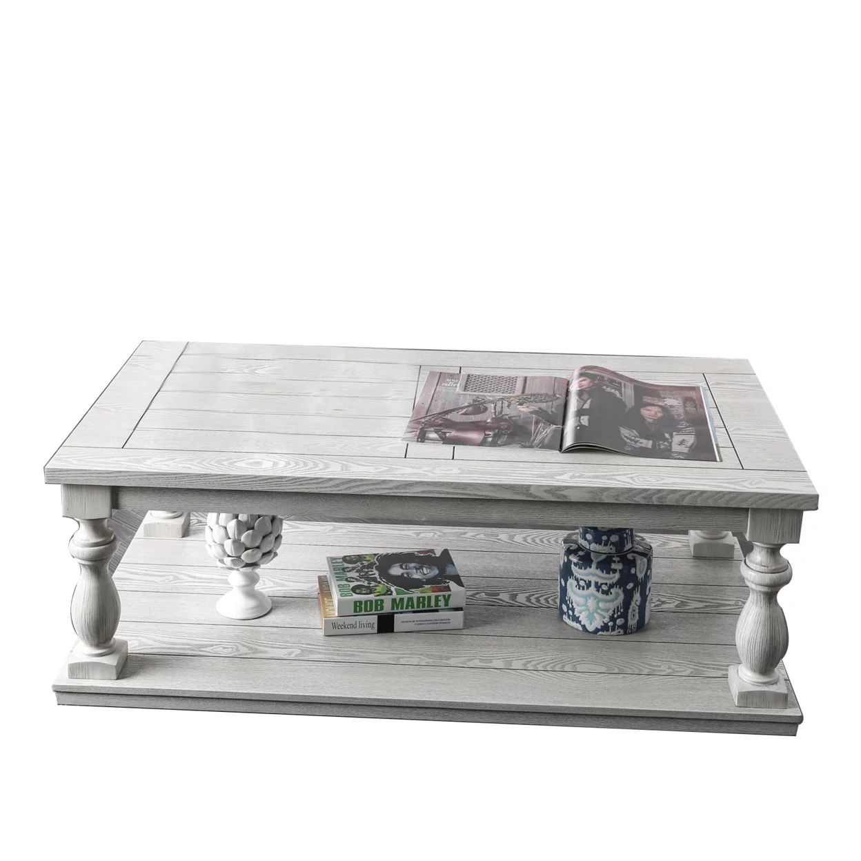 Plank Top Coffee Table with Open Shelf and Turned Legs, Antique White- Saltoro Sherpi