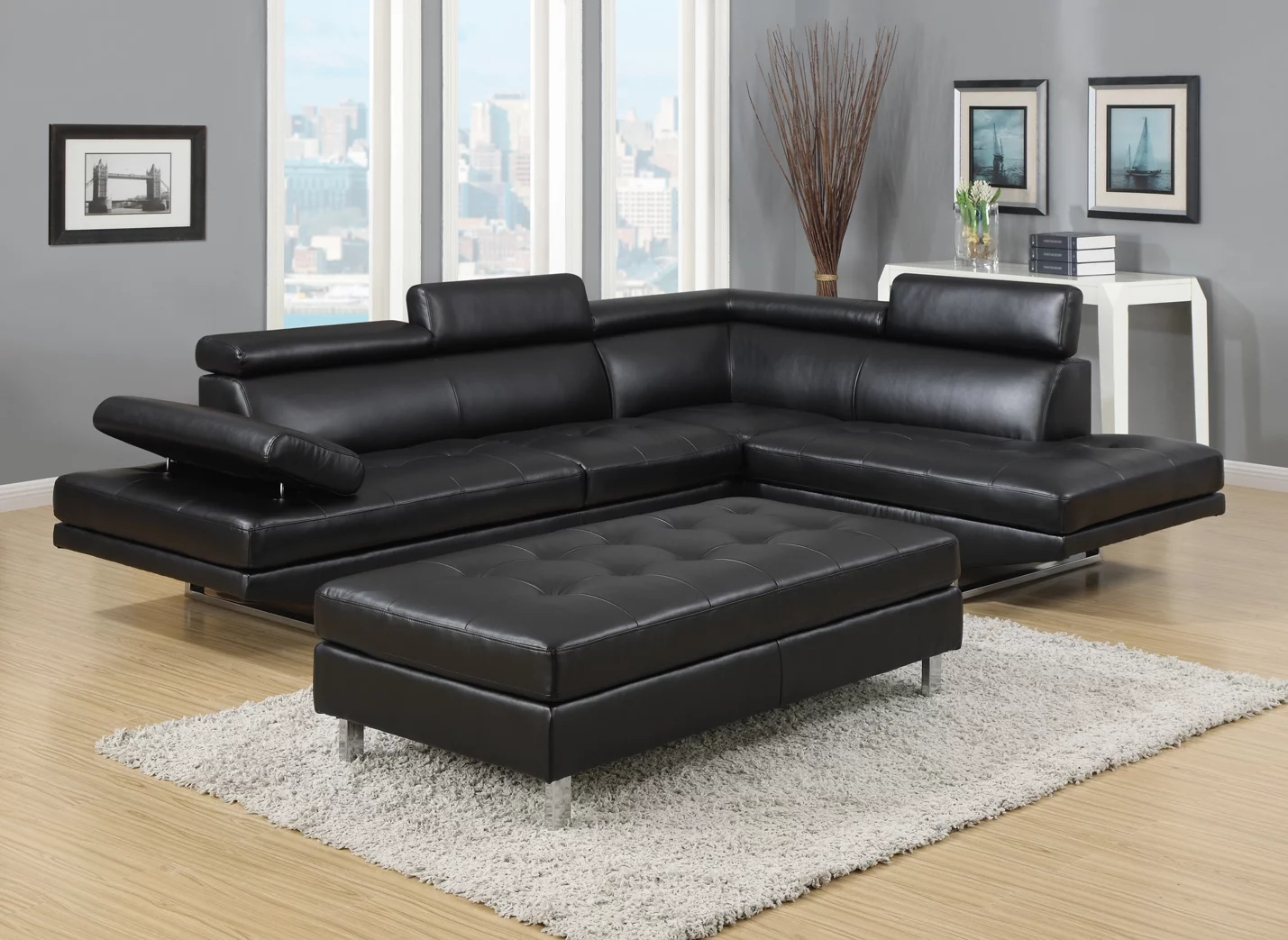 Logan Collection 3-piece Sectional Sofa Set w/Bonded Leather. Left Facing Style in Black Color
