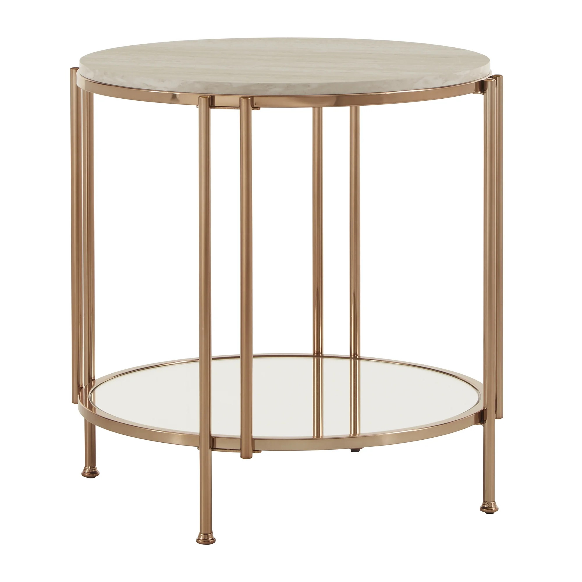 Weston Home Shaelyn Round End Table with Faux Marble Top and Mirror Shelf