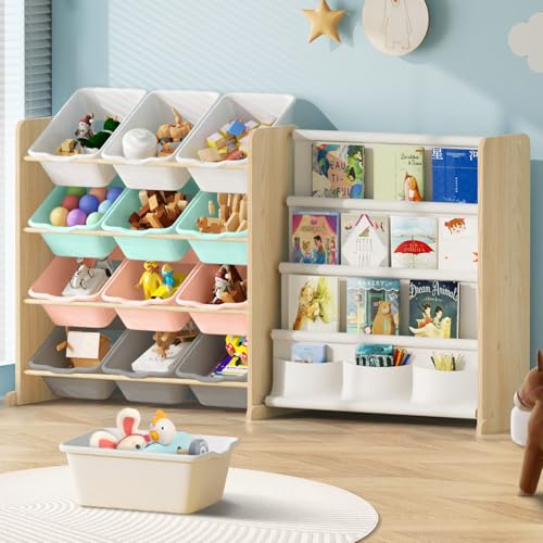 Kids Toy Storage Organizer - Toy Organizer with Bookshelf, 12 Bin and 4 Shelf Storage, Playroom, Nursery, Kids Room Organizer, Burlywood