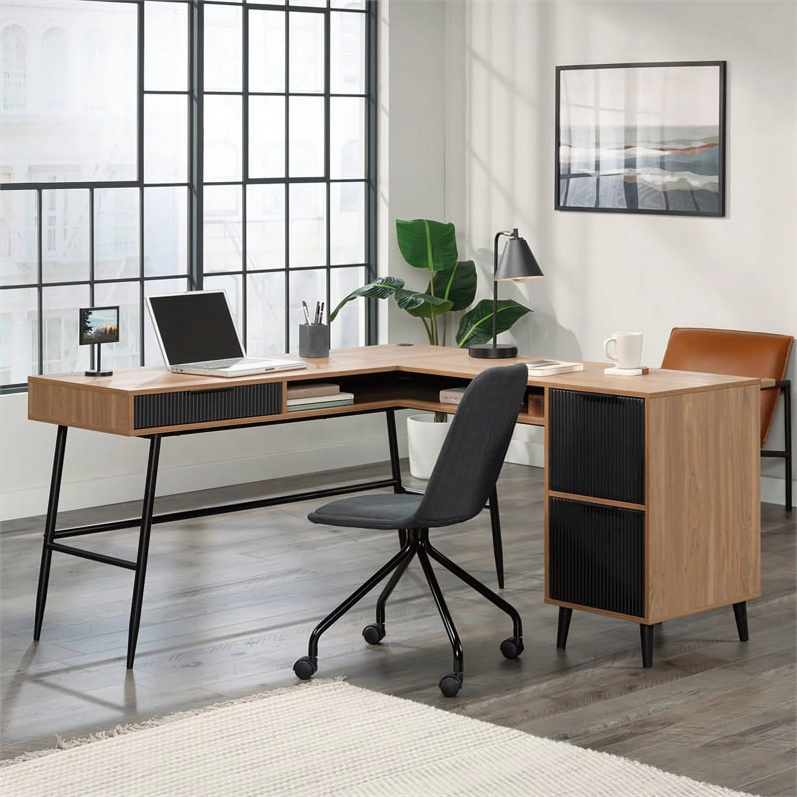 Sauder Ambleside Engineered Wood/Metal L-Desk in Serene Walnut