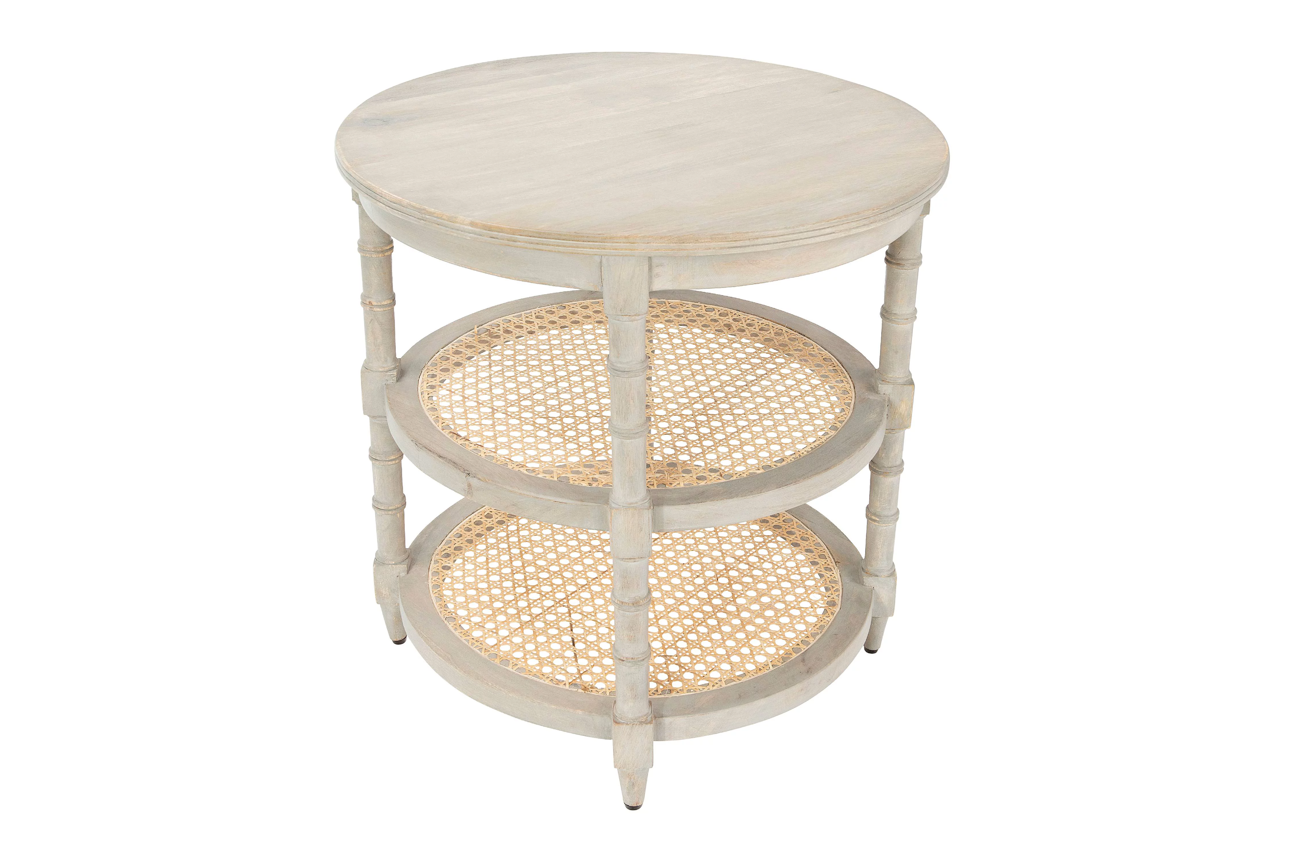Creative Co-Op Round Mango Wood Table with 2 Cane Shelves