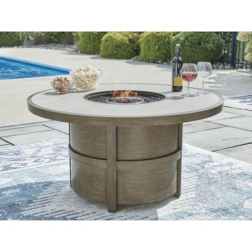 Signature Design by Ashley Rainier Ranch Contemporary Sintered Stone Tabletop Outdoor Fire Pit Table with Pedestal Base, Light Brown & Beige