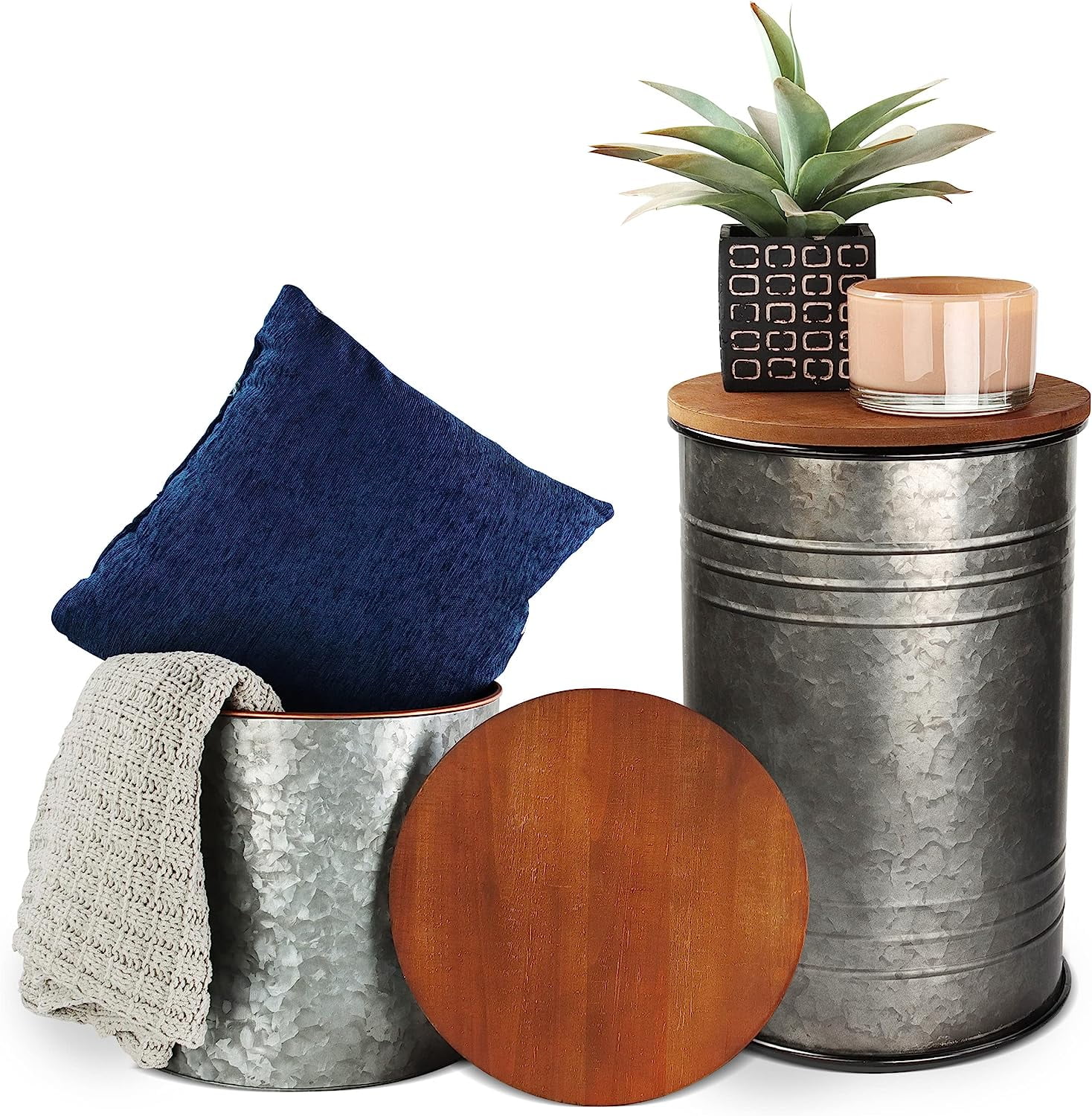 Farmhouse Side Table  Ottoman Set - 2pk Galvanized Metal Barrel Living Room Blanket
