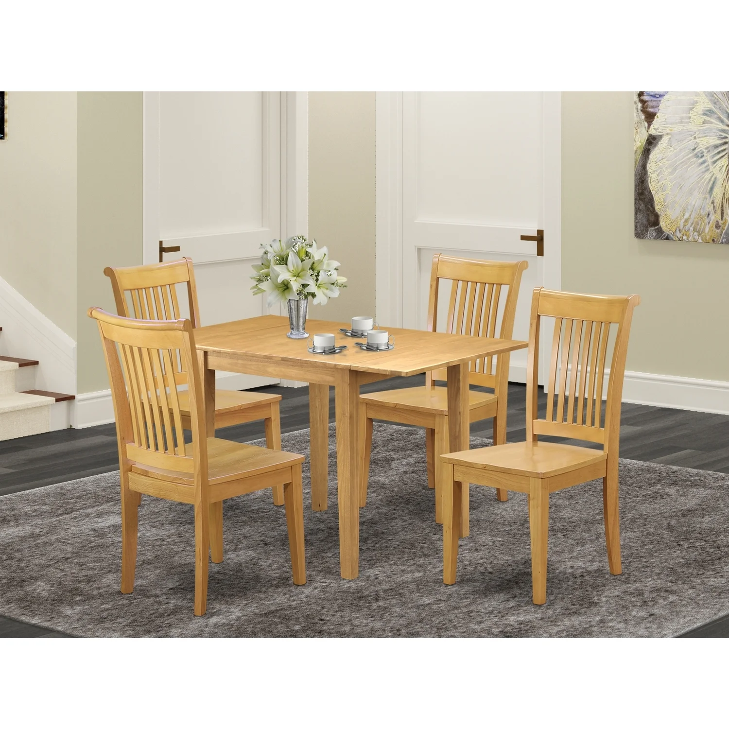 HomeStock Coastal Cool 5Pc Modern Dining Table Set Contains A Dining Room Table And 4 Dinette Chairs With Solid Wood Seat And Slat Back, Oak Finish