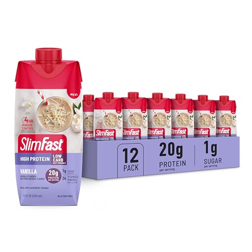 SlimFast Protein Shake, Chocolate- 20g Protein, Meal Replacement Shake Ready to Drink, High Protein with Low Carb and Low Sugar, 24 Vitamins and Minerals, 12 Count (Pack of 1) (Packaging May Vary)