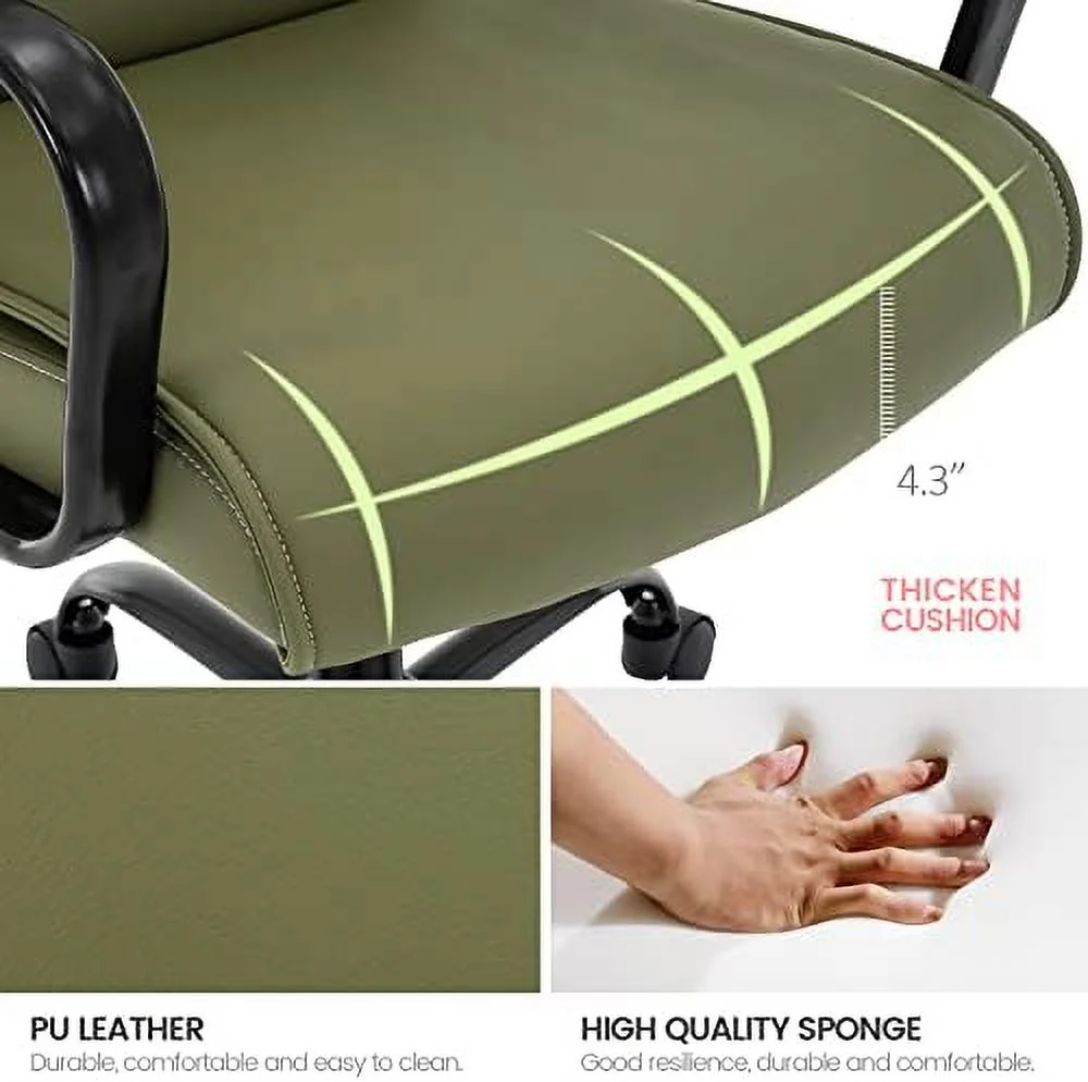 Office Chair  Modern Upholstered Mid-Back PU Leather Task Desk Chair with Arms  Adjustable Rocking Swivel Computer Chair with Wheels (Olive Green  Black Base)