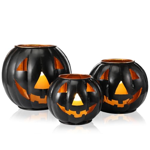 3 Sets Halloween Metal Jack O Lanterns Pumpkin with 3 LED Candles with Black Creepy Cloth Decoration Bundle Rustic Indoor and Outdoor Decor