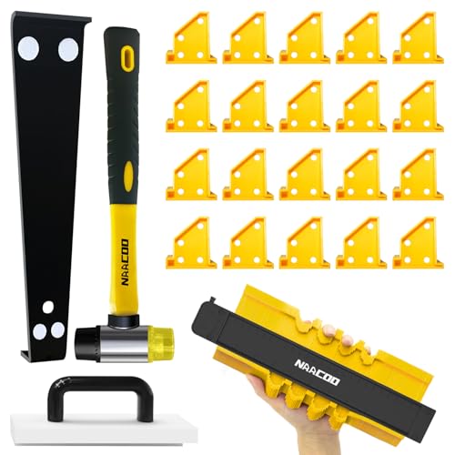 Laminate Flooring Tools, NAACOO LVP Installation Kit, Professional Vinyl Flooring Tools - Tapping Block with Handle, 10” Contour Gauge, Pull Bar, 2 in 1 Spacers, Double-Faced Mallet.