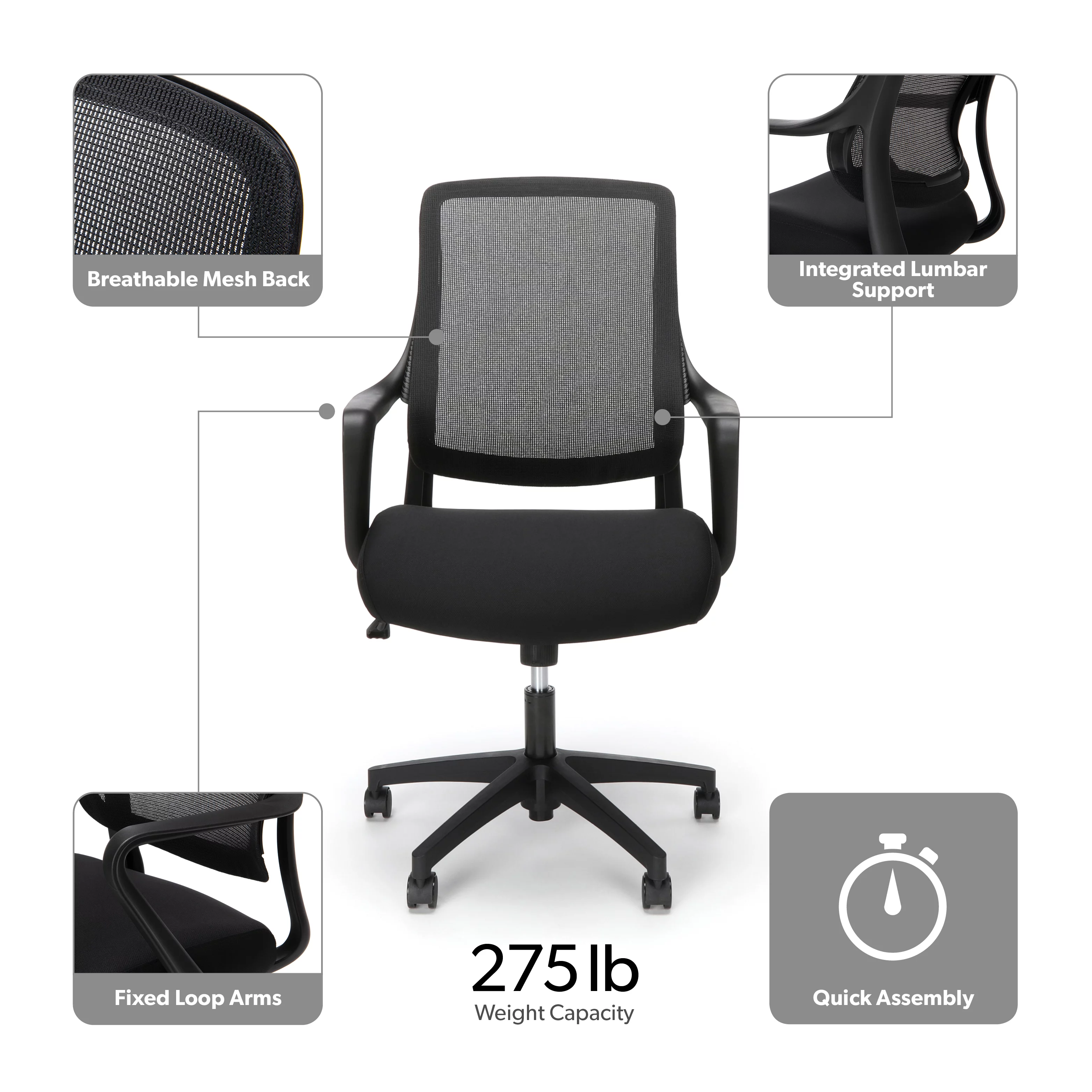 HON Basyx Helium Commercial-Grade Light Task Chair, Office Chair, in Black (BSX100VA10T)