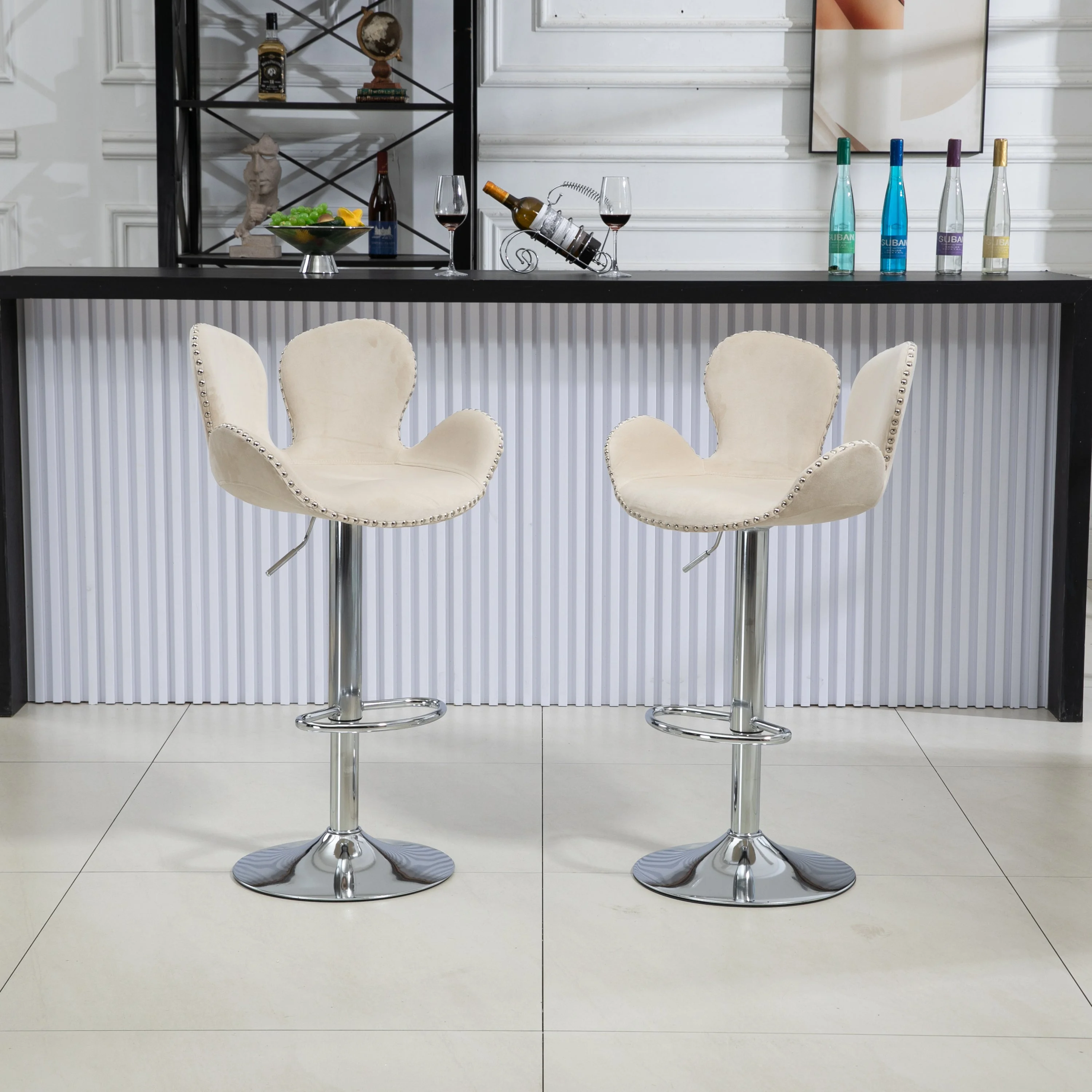 Clove Bar Stools with Back and Footrest  - Beige Set of 2