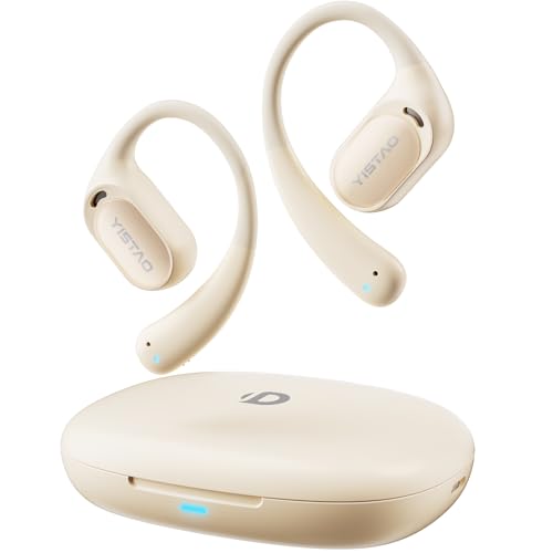 Open Ear Headphones with 35 Hours Playtime, True Wireless Air Conduction Earbuds Featuring Ear Hooks, Bluetooth 5.3, IPX6 Waterproof Design, Comfortable and Secure Fit for Sports - Beige