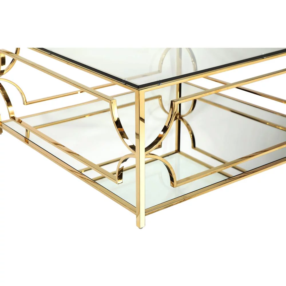 American Home Classic Edward Square Metal and Glass Coffee Table in Polish Gold