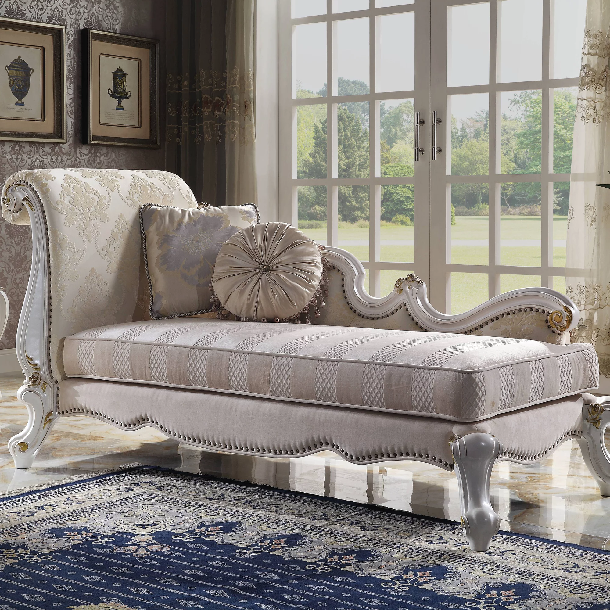 ACME Picardy One Arm Chaise with Nailheads in Antique Pearl