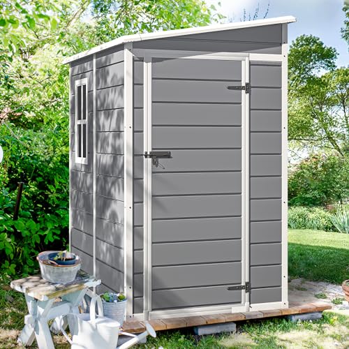 DWVO 5x3ft Resin Outdoor Storage Shed with Floor, Waterproof Lockable Storage Shed with Window, Plastic Outside Tool Storage for Garden, Backyard, Patio, Lawn, Gray