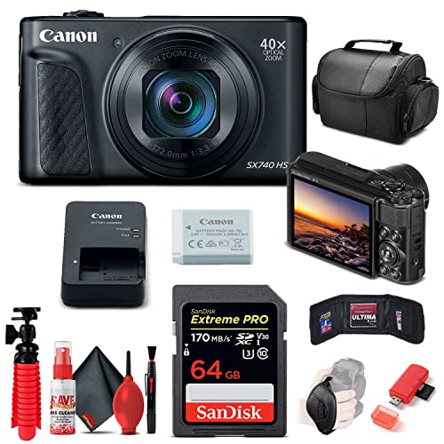 Canon PowerShot SX740 HS Digital Camera (Black) | 40x Zoom, 4K UHD Video, Wi-Fi & Bluetooth + 64GB Card + Card Reader + Soft Bag + Flex Tripod + Hand Strap + Memory Wallet + Cleaning Kit (Renewed)