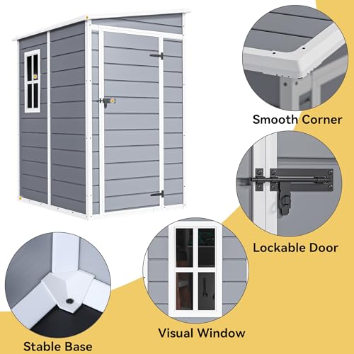 DWVO 5x3ft Resin Outdoor Storage Shed with Floor, Waterproof Lockable Storage Shed with Window, Plastic Outside Tool Storage for Garden, Backyard, Patio, Lawn, Gray