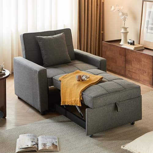 Sofa Bed Chair Convertible ，Sleeper Sofa with Pull-Out Bed ，3-in-1 Futon Couch with Reclining Backrest and Side Pocket (Blue, 35.6‘)