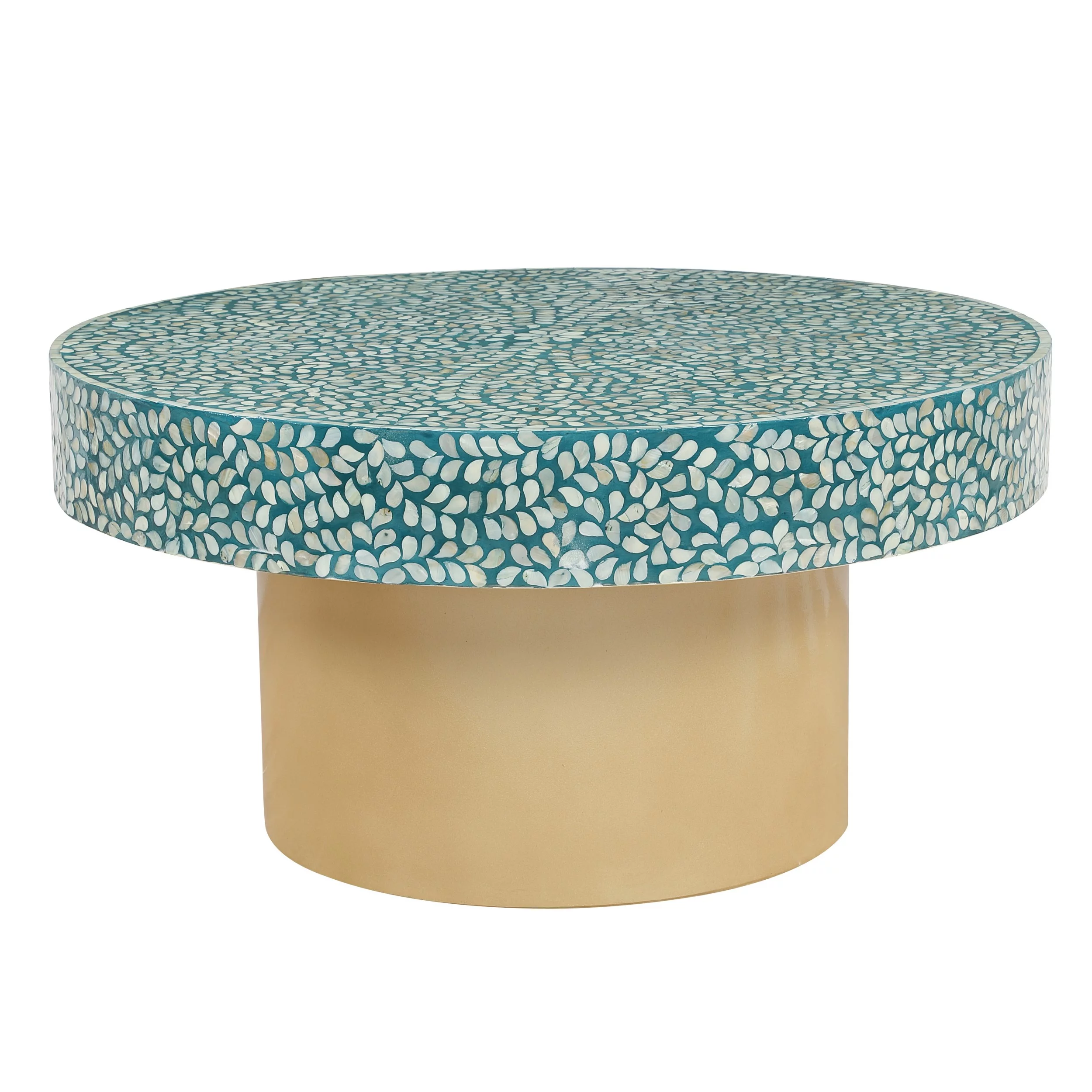 Linon Saxony Round Coffee Table, Blue Mother of Pearl