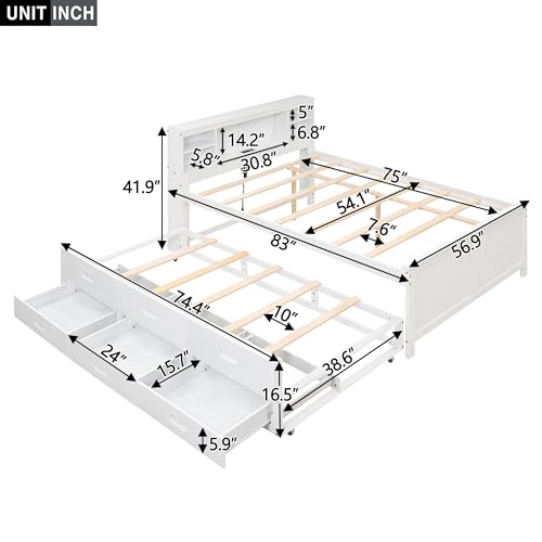 Full Platform Bed with Trundle - Wooden Storage Bed with Bookcase Headboard, USB Ports Outlets, Twin Size Trundle & 3 Drawers, Modern Full Size Solid Wood Bed Frame for Adults, White