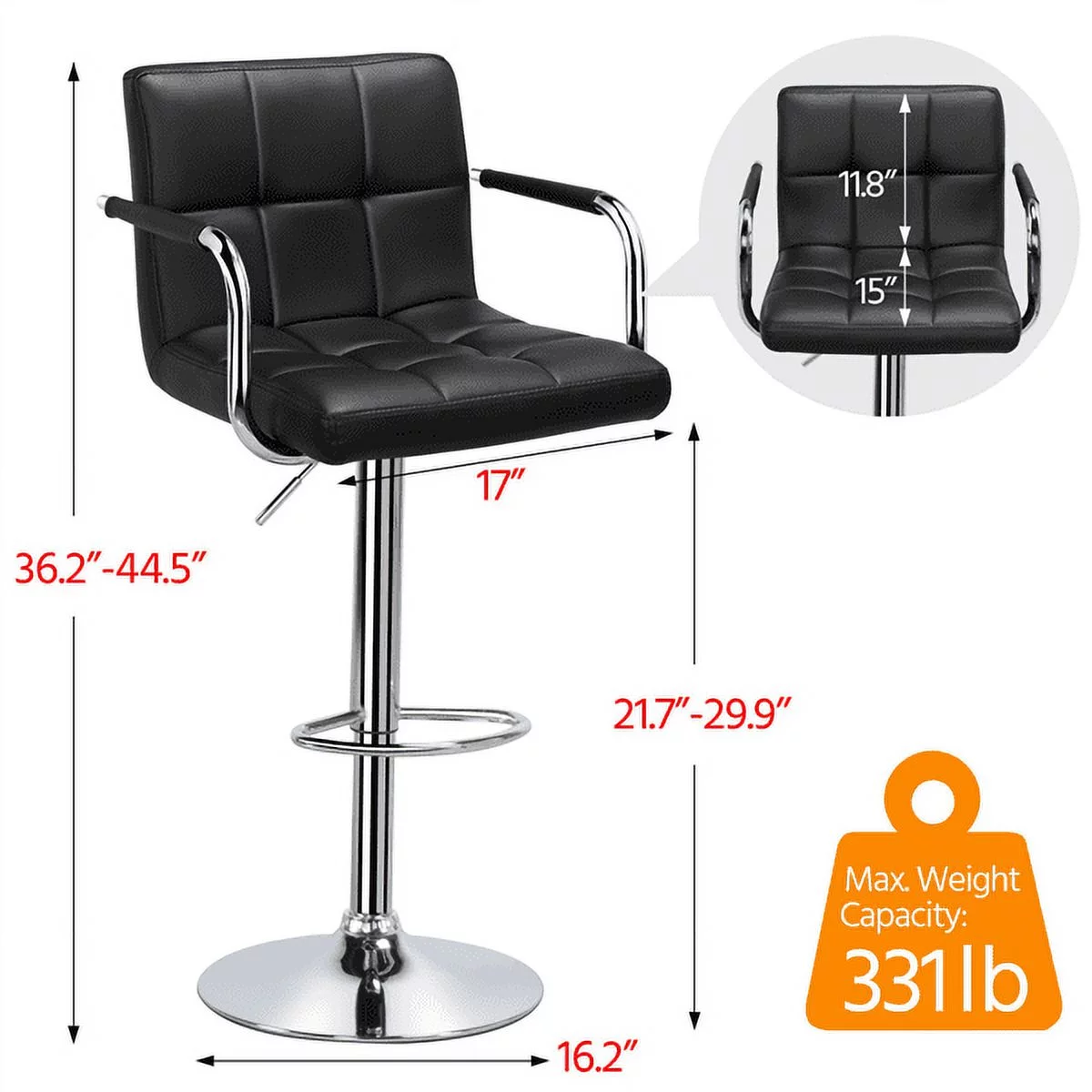 Alden Design Bar Stool with 360-Degree Swivel & Adjustable Height, Black, Set of 2