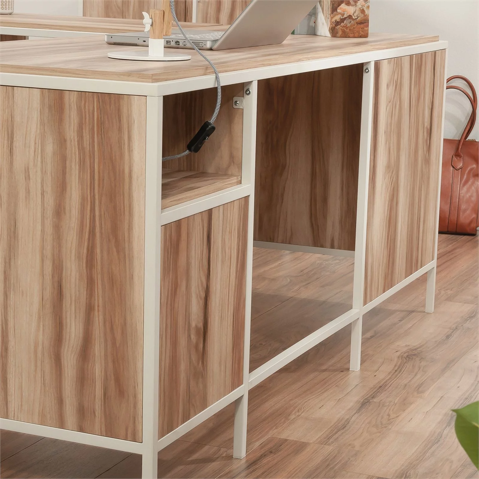 Pemberly Row Engineered Wood L-Desk in Kiln Acacia / Brown Finish