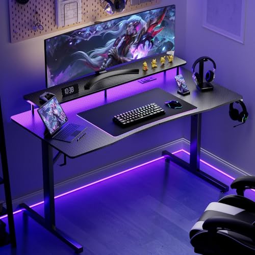 GTRACING 55 Inch Gaming Desk with LED Lights, Computer Gamer Desk with Monitor Stand, Ergonomic Carbon Fiber Surface Gaming Table with Mouse Pad for Home Office, RGB