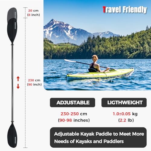Kayak Paddle Carbon Fiber Shaft and Reinforced Nylon Blade, Adjustable Kayaking Oars, 3 Piece, 230-250 cm/90-98 Inches,210-230 cm/82-90 inches