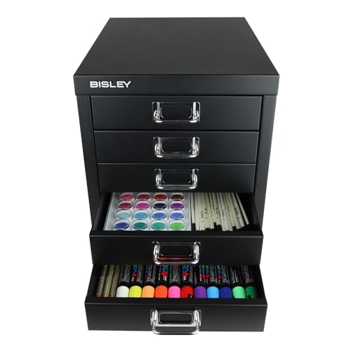 Bisley 10-Drawer Steel MultiDrawer Cabinet - Black, Chrome Pull Handles with Label Holders, Powder-Coated Steel, Removable Drawers, Fits Under Most Desks, Labels Included