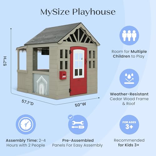 Delta Children MySize Deluxe Outdoor Playhouse with Play Sink with Running Water, Picnic Table & Mailbox – Premium Wooden Cedar Playhouse for Kids, Grey