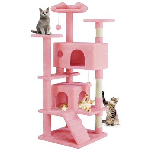 DUMOS 54-inch Indoor Cat Tree Tower –Multi-Level Pet House for Large Cats with 2 Condos, Scratching Posts, Round Platform, Small Ladder, and Toys – Perfect for Cats of All Ages, Dark Grey