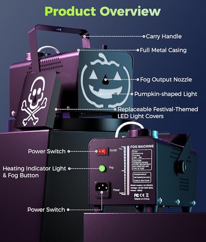 IMONE Fog Machine 500W 2000CFM 2 Themed LED Light Covers Smoke Machine with 72-LEDs with 12 Light Colors, Wireless Remote Controls, for Halloween, Wedding, Parties, DJ Stage, Indoor & Outdoor Use