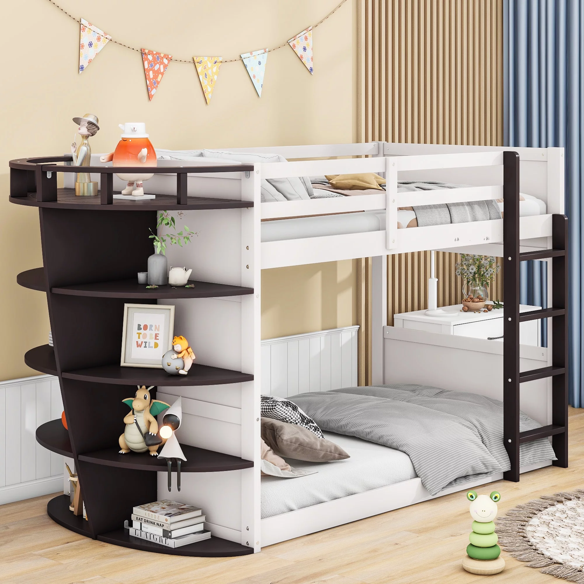 Bellemave Wood Twin over Twin Bunk Bed with Storage Shelves,The Boat-Like Shape is Perfect for Children's Rooms,Cream+Espresso