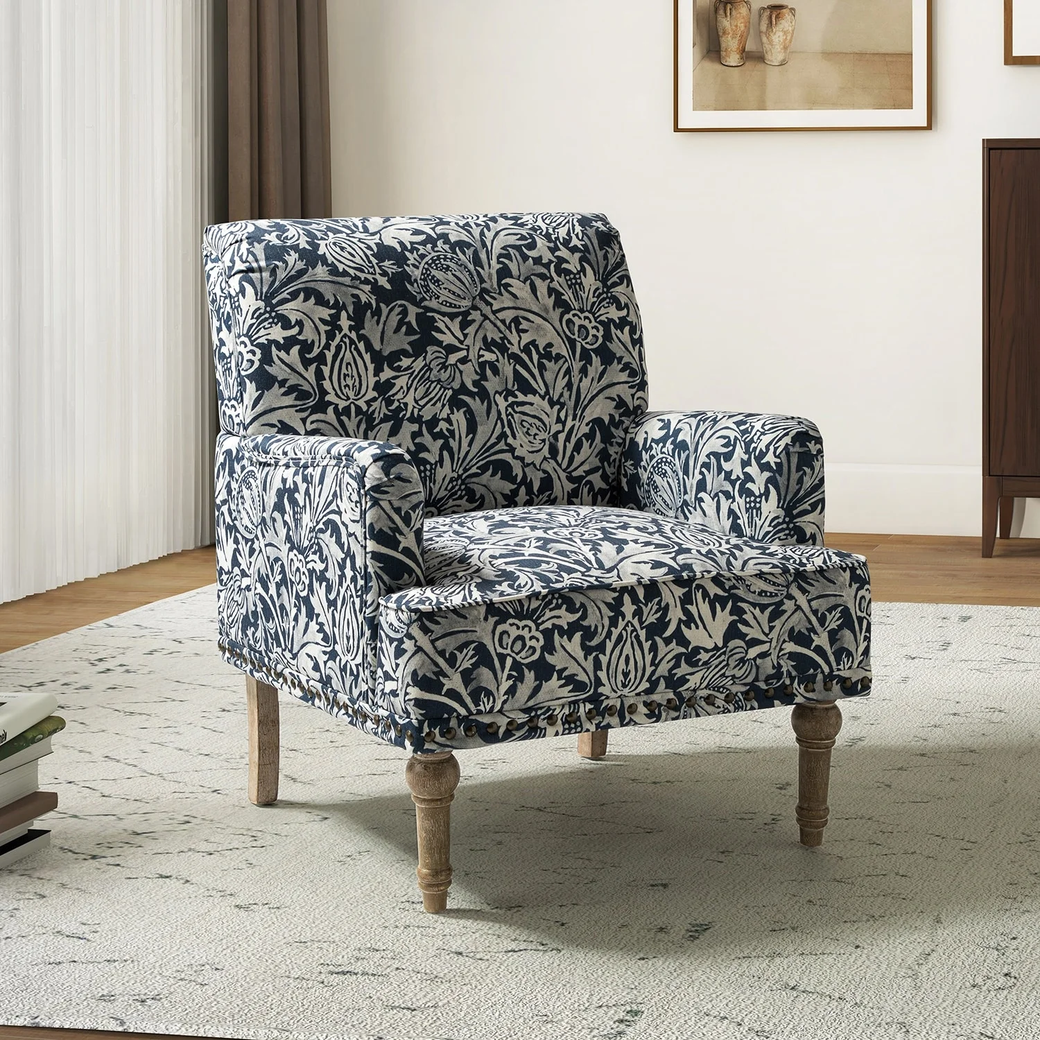 HULALA HOME Geltrude Traditonal Floral Fabric Design Upholstered Accent Armchair with  Turned Legs by  NAVY Floral