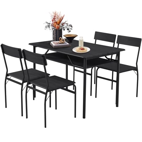 ECOTOUGE Dining Table Set for 4, Wood Kitchen Table and Chairs with Storage Shelves & Metal Frame, Compact Mid-Century Modern Rectangle Dinner Table Sets for Small Space, Apartment, Natural