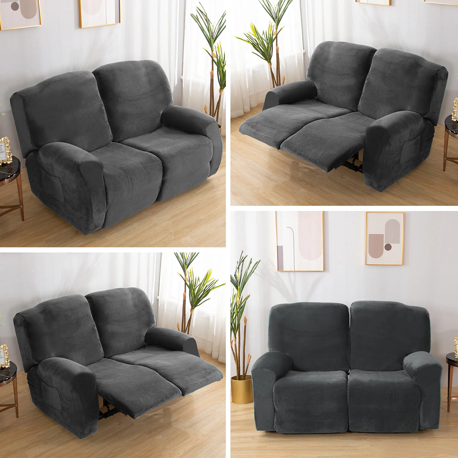 Stretch Recliner Loveseat Cover, 6 Pieces 2-Seater Sofa Slipcovers Non-slip Recliner Cover with Pocket, Dark Grey