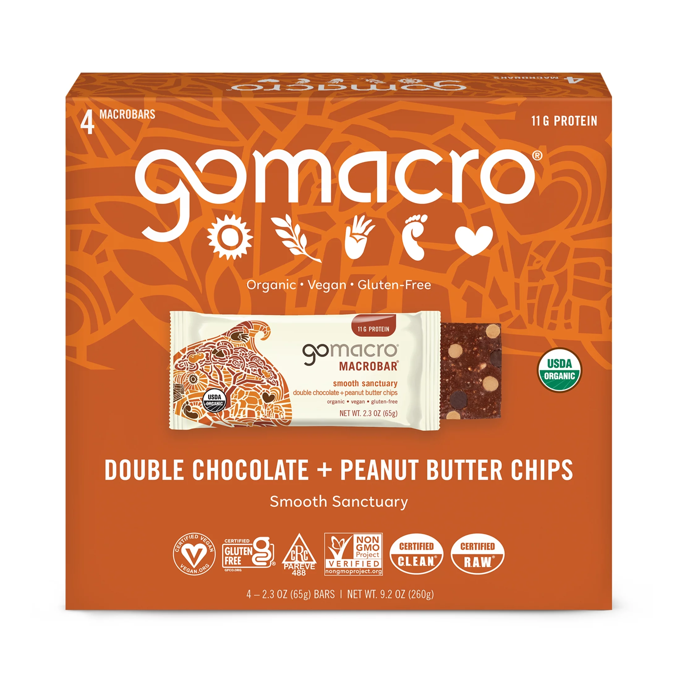 GoMacro MacroBar, Double Chocolate + Peanut Butter Chips, Organic Vegan Protein Bars, 4 ct Pack Of 7