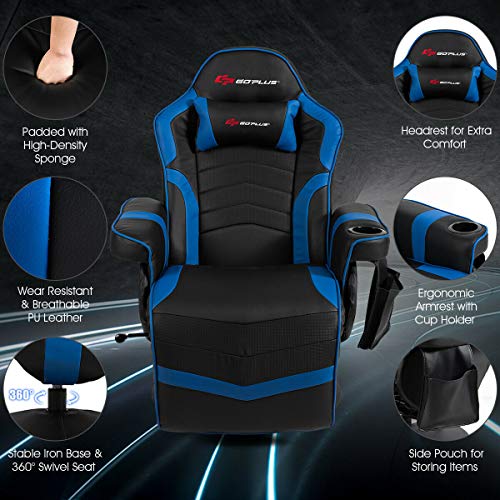 Goplus Massage Gaming Chair, Racing Style Gaming Recliner w/Adjustable Backrest and Footrest, Ergonomic High Back PU Leather Computer Office Chair Swivel Game Chair w/Cup Holder and Side Pouch