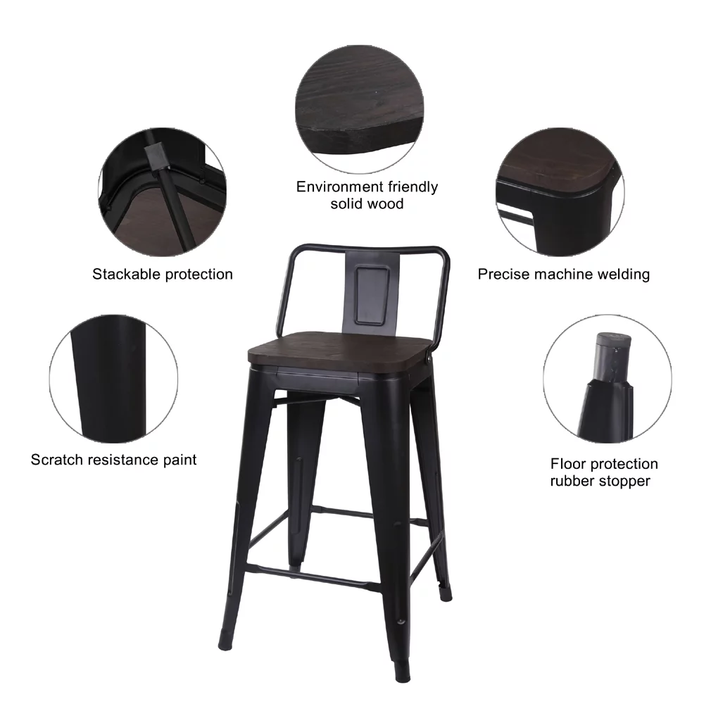 Leejay Black 24 inch Low Back Counter Height Metal Barstool with Dark Wood Seat, Set of 6