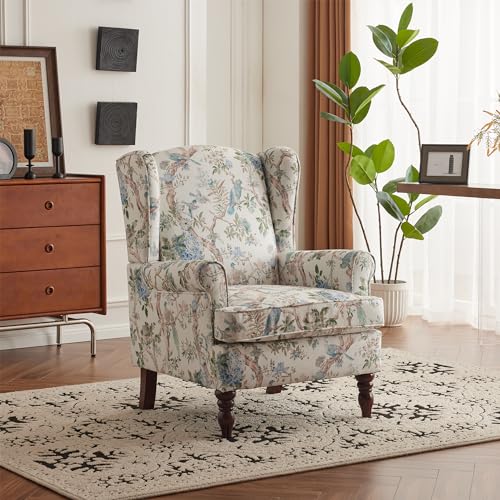 MELLCOM Floral Accent Chair, High Back Upholstered Armchair with Solid Legs, Leisure Single Sofa Chair for Living Room, Bedroom, Home Office, Blue Floral