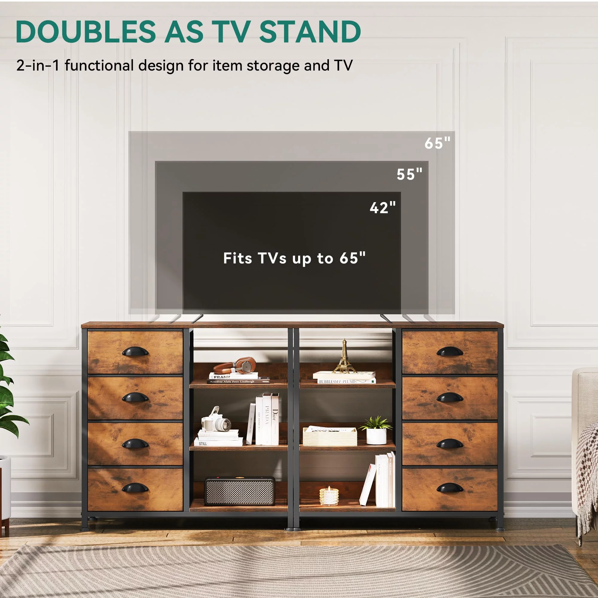 Dextrus Storage Tower with 4 Drawers and Side Shelf, Fabric Dresser, Organizer Unit for Bedroom, Living Room, Hallway, Closets - Sturdy Steel Frame, Easy Pull Fabric Bins & Wooden Top (Rustic Brown)