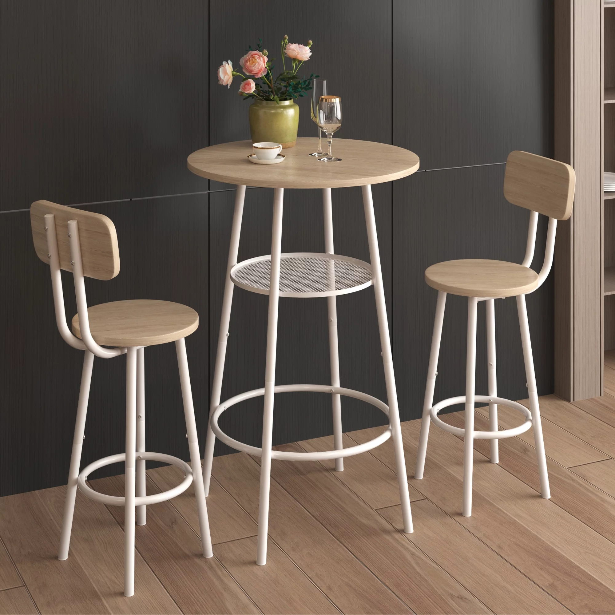 HSUNNS 3-Piece Bar Table Set for 2, Small 2-Tier Round Bistro Pub Dining Table and Stools with Backrest, Counter Height Table and Chairs Set for Kitchen Apartment Small Space, White Oak